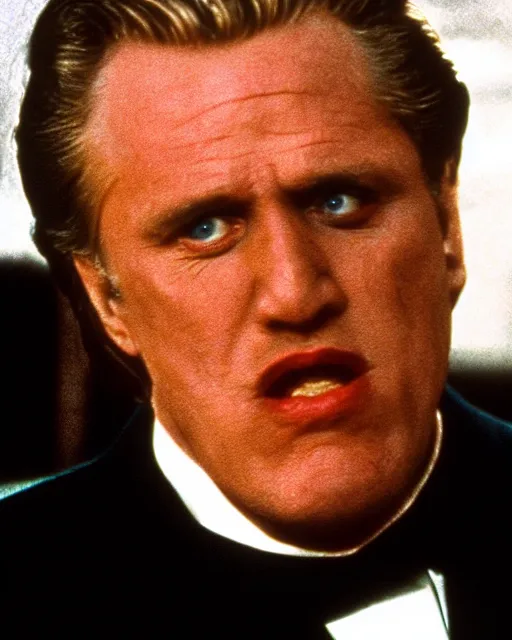Prompt: film still close up shot of gary busey as vito corleone from the movie the godfather. photographic, photography