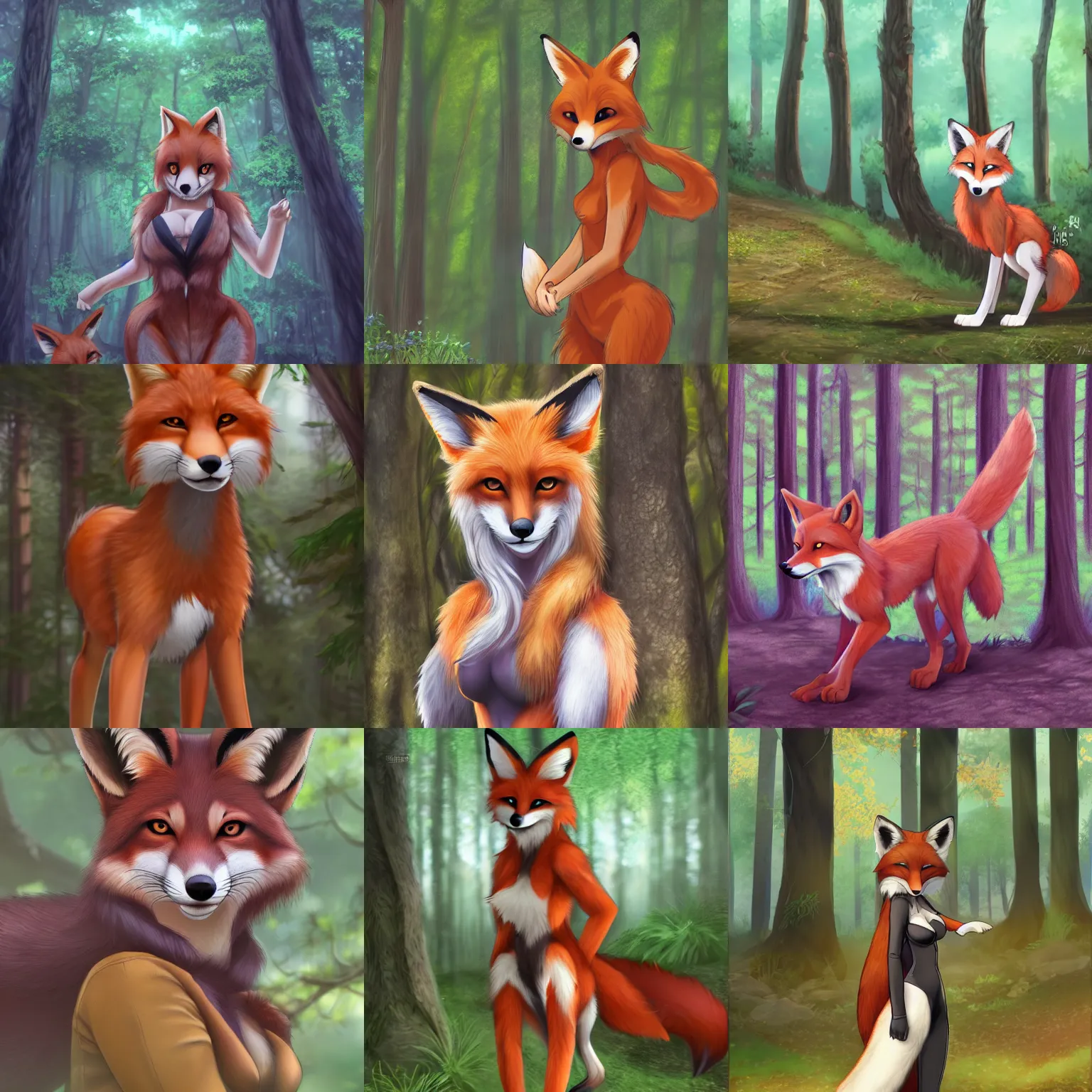 Prompt: furry art, female anthro fox standing in a forest, fursona commission, photorealistic, anime key visual, pixiv, hibbary, dark natasha, goldenwolf, furaffinity