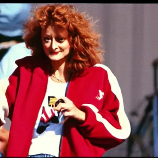 Image similar to 1 9 9 0 s video still of susan sarandon, wearing a hip hop hoodie, rapping on stage at a small outdoor concert, vhs artifacts