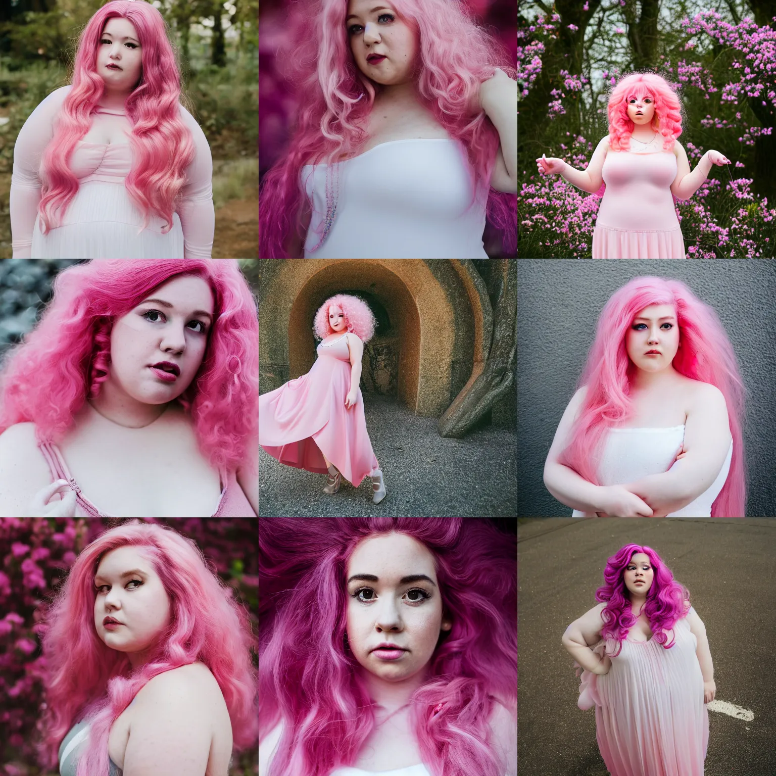 Prompt: a photograph of rose quartz from steven universe, portrait photography, 85mm, iso 400, focus mode, detailed portrait, gigantic pink ringlets, huge pink hair, chubby, white dress, gorgeous, kind features, beautiful woman, flattering photo, daylight