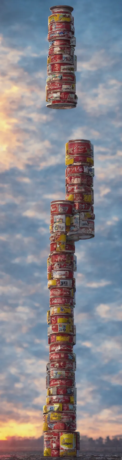 Prompt: Tower of Spam cans, product shot, macro, hyper realistic, sunset, octane render, trending on artstation, artstationHD, artstationHQ, unreal engine, 4k, 8k