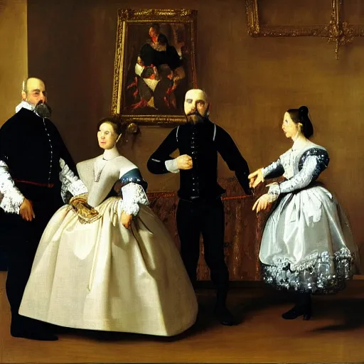 Image similar to velazquez painting the spanish royal family and their robotic maid, baroque style.