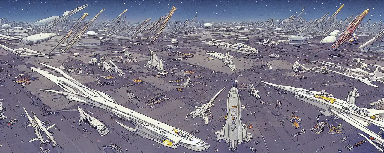 Prompt: a busy spaceport with large spaceships docked, illustration by moebius