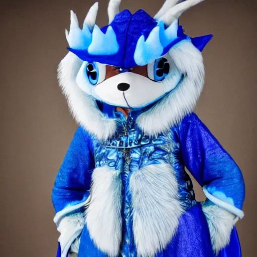 Prompt: an anthropomorphic furry blue dragon with scales like ice wearing medieval clothing