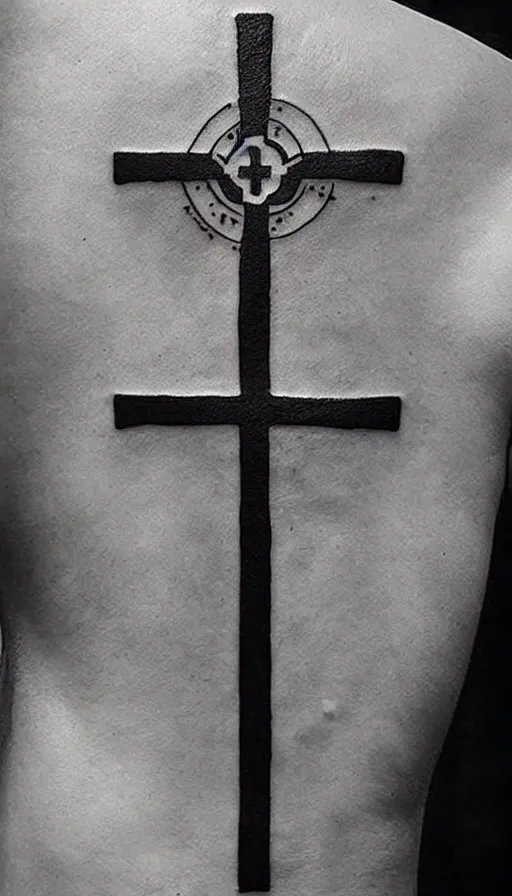 Image similar to tattoo art, gothic cross with a sky background, white and black