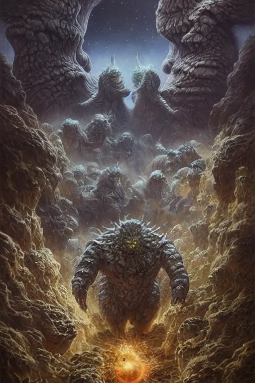 Image similar to giant space monsters fighting in a giant space monster war. each monster is a giant uncanny version of animals on earth. art by tomasz alen kopera