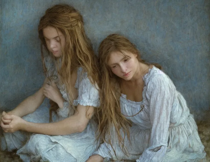 Image similar to peasant girl with long hair yarn knitting, cottage core, cinematic focus, polaroid photo bleached vintage pastel colors high - key lighting, soft lights, foggy, by steve hanks, by lisa yuskavage, by serov valentin, by tarkovsky, 8 k render, detailed, oil on canvas