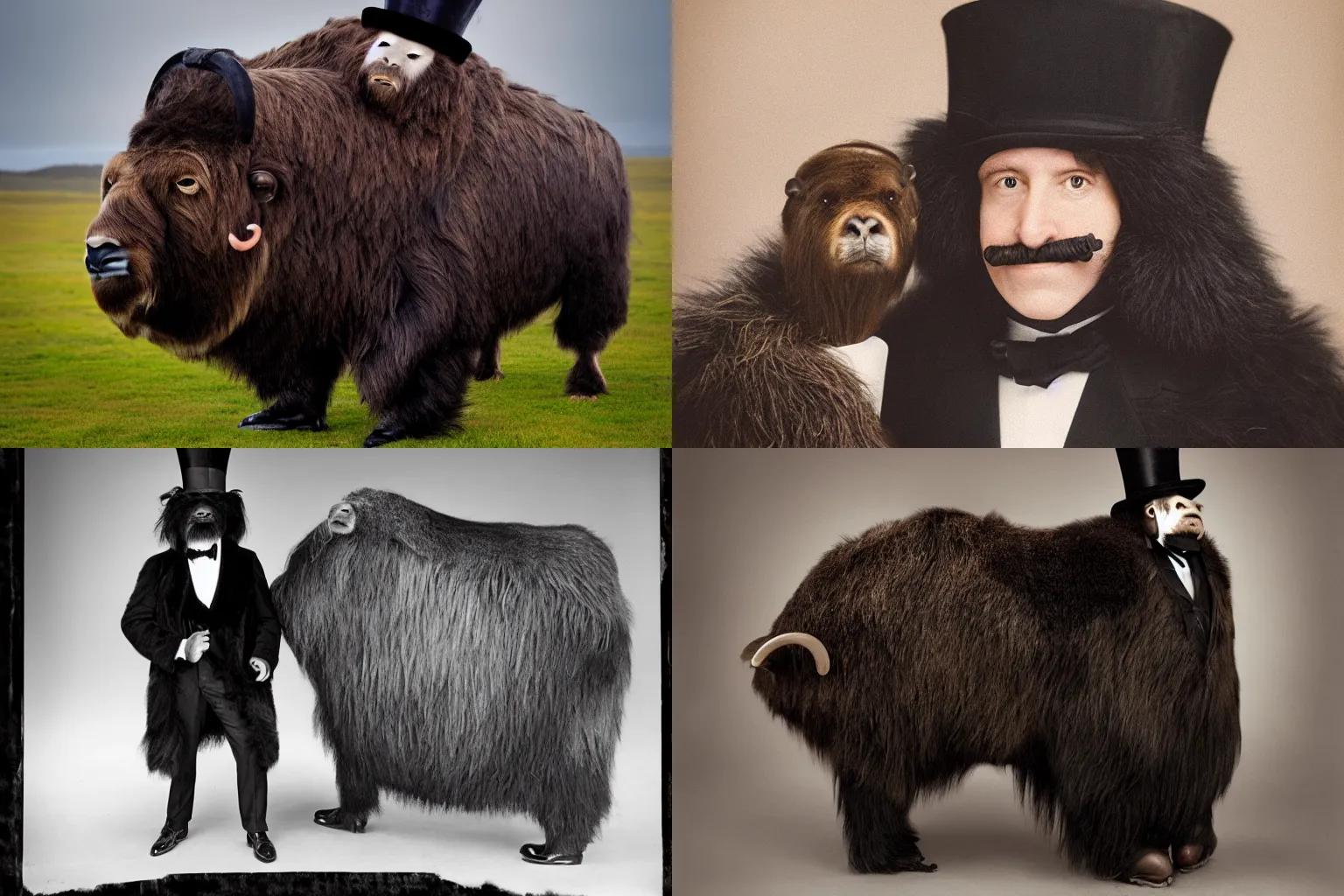 Prompt: portrait photography of a anthropomorphic mutant with the upper body of a musk ox, wearing a long fur coat and a top hat.