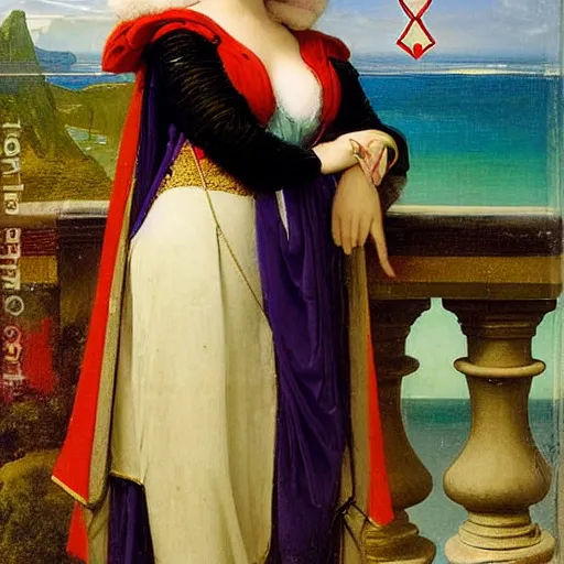 Prompt: A queen with jester hat and clothes on the front of a Balustrade with a beach on the background, major arcana cards, by paul delaroche, hyperrealistic