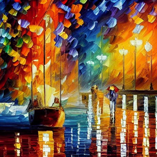 Image similar to beautiful cityscape of a seaside village in the style of leonid afremov