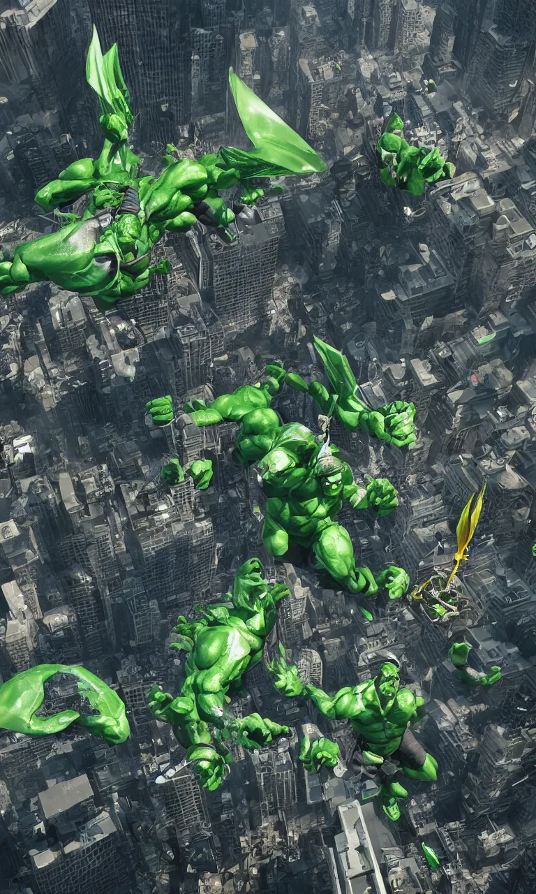 Image similar to giant green ogre smashing two helicopters with bare hands in the middle of a big city, 8k, epic composition, large scale, octane render, digital art, sharp focus, trending on artstation, action pose