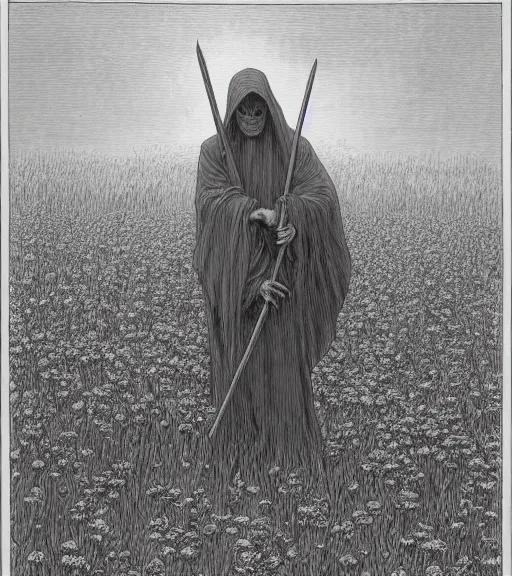 Image similar to grim reaper in beautiful meadow of flowers, pencil illustration by gustave dore, highly detailed, centered, high resolution, smooth, sharp focus, illustration