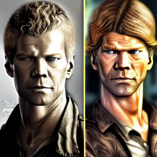 Prompt: A combination of Bruce Willis's and Neil Patrick Harris's and Eric Christian Olsen's faces as Aiden Caldwell character from Dying Light 2 Stay Human, western, D&D, fantasy, intricate, elegant, highly detailed, digital painting, artstation, concept art, matte, sharp focus, illustration, art by Artgerm and Greg Rutkowski and Alphonse Mucha