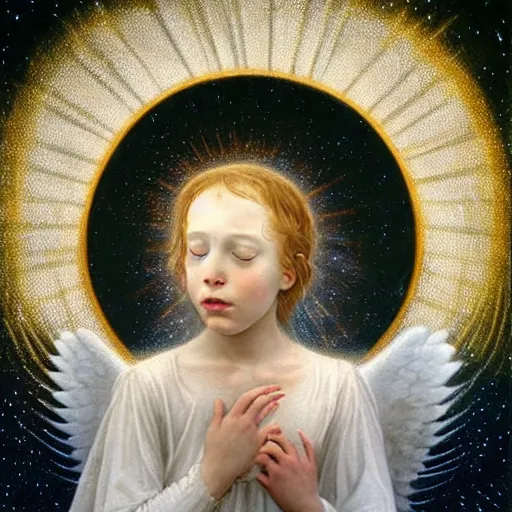 Image similar to renaissance hyper realistic painting of white angel!!! beautiful face, no gender!!!, miracle light coming overhead!!, a lot of stars overhead!!!, fire around the head!, by caspar david friedrich, misty space, sfumato, christianity, holography, glow effect, large strokes, soft shadow and light, highdetailed, white background