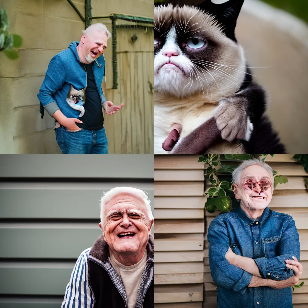 Prompt: Grumpy cat laughing meniacally as he schemes, 4k, full shot, Sony A7R III, 85mm, f/1.8, 2018