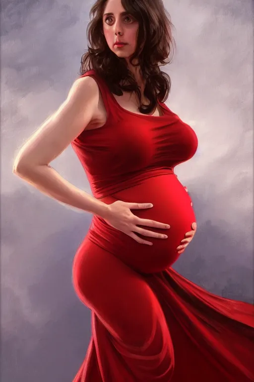 Image similar to pregnant alison brie in a red dress, realistic portrait, symmetrical, highly detailed, digital painting, artstation, concept art, smooth, sharp focus, illustration, cinematic lighting, art by artgerm and greg rutkowski and alphonse mucha