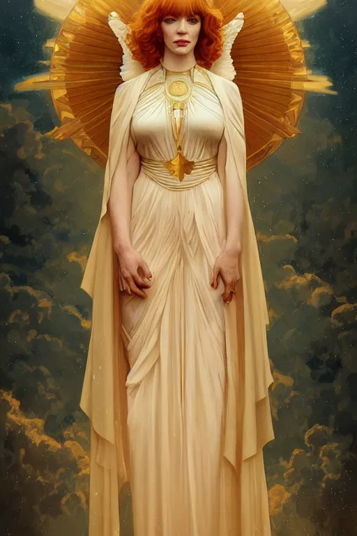 Image similar to symmetrical!! looking at the camera! a portrait of an angel christina hendricks wearing a golden dress, upper body, concept art, deep focus, sky, heaven, clouds, intricate, highly detailed, digital painting, artstation, matte, sharp focus, illustration, art by greg rutkowski and alphonse mucha