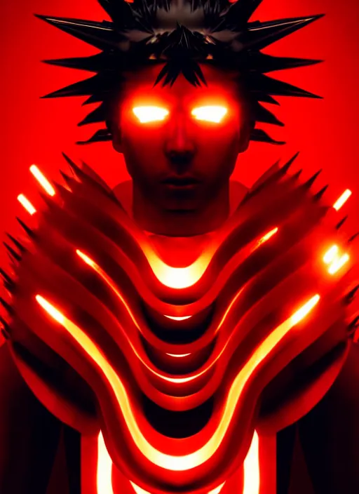 Image similar to a striking cinematic full body manga portrait of a black haired teenager wearing imposing red jagged spiked plate armour and glowing with red energy by hirohiko araki and beeple, fine details, digital art, character concept art, volumetric lighting, cinematic light, photorealistic