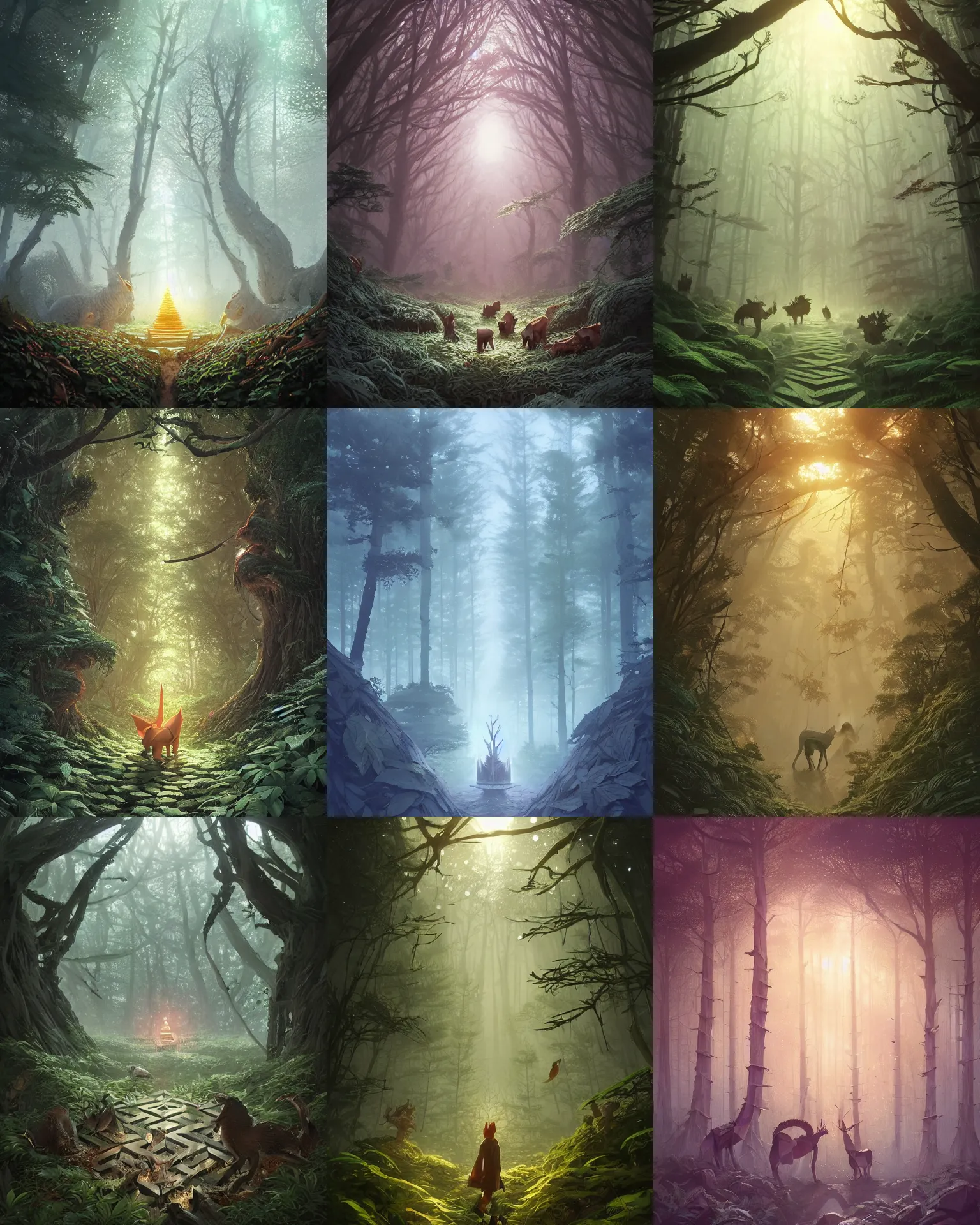 Prompt: forest critters in a polygonal maze, light dust, magnificent, close up, details, sharp focus, elegant, highly detailed, illustration, by Jordan Grimmer and greg rutkowski and PiNe(パイネ) and 薯子Imoko and 香川悠作 and wlop and maya takamura, intricate, beautiful, Trending artstation, pixiv, digital Art