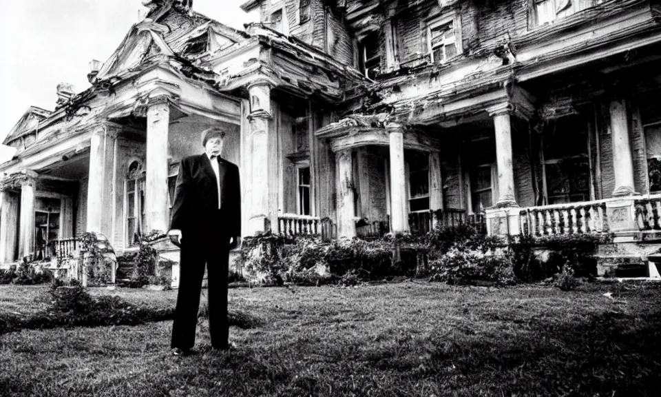 Prompt: 35mm film still, Resident evil, Donald trump in front of mansion, zombie, spooky, horror, old, dirty, reversal film stock