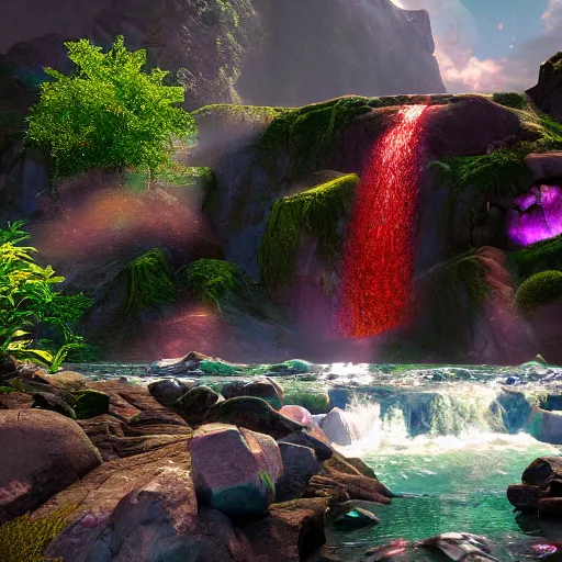 Image similar to the universe is a waterfall spilling onto the rocks of forgiveness in a million bright colors of swirling love, unreal engine, dramatic lighting, cinematic