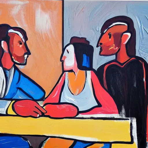 Prompt: The painting depicts two people, a man and a woman, sitting at a table. The man is looking at the woman with a facial expression that indicates he is interested in her. The woman is looking at the man with a facial expression that indicates she is not interested in him. There is a lamp on the table between them. by Emily Kame Kngwarreye, by Diego Dayer perspective