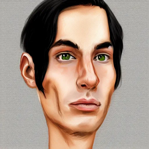 Prompt: a digital portrait of a 29 year old with black hair,hazel green eyes, drawn in the style of mark Arian