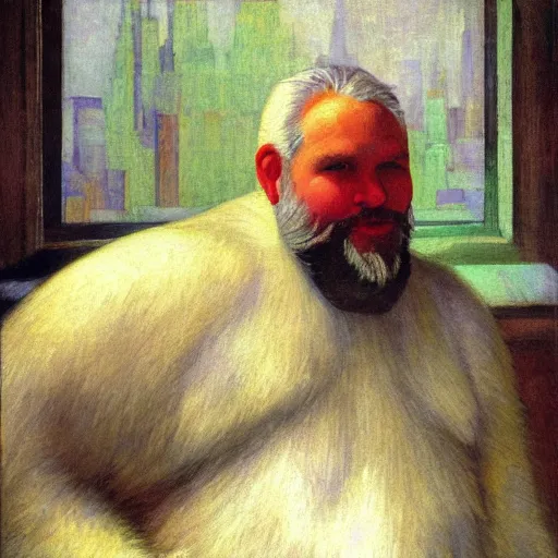 Prompt: portrait of a chubby bearded polar bear, white and silver hair, dressed in a plaid sweater, glowing with silver light, painting by Franz Marc, by Jean-Léon Gérôme, by Winsor McCay, today's featured photograph, 16K