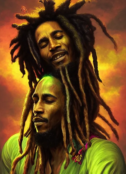 Image similar to portrait of bob marley joyous jamaican warrior with flowing dreadlocks, surrounded by cannabis flowers. afrogoth intricate digital matte painting concept art, warpaint aesthetic, colorful, psychedelic, beautifully backlit, subtle tones, sharp focus, cinematic aesthetic octane render, volumetric lighting, by edmund leighton, james jean, ross tran and artgerm