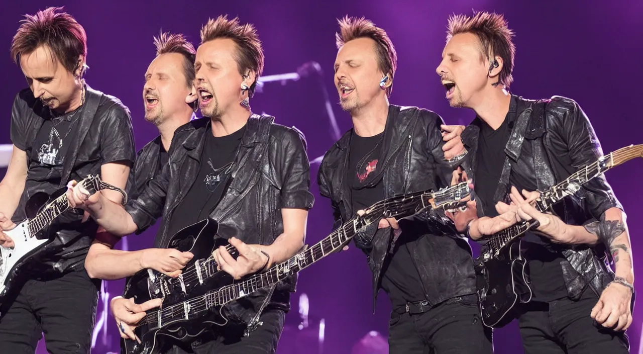 Prompt: matt bellamy from muse and james hetfield from mettalica playing on stage together, 2 0 1 5 live music video