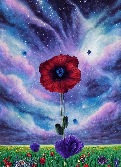 Image similar to detailed, intricate blue black and purple papaverum flower on the field, nebula, galaxy in the sky, winning award masterpiece, fantastically beautiful, illustration, aestheticly inspired, jacek yerka, upscale with anguissola sofonisba work, artstation, 8 k