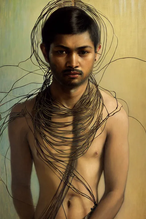 Image similar to hyperrealist portrait of indian elijah zu bailey, it is decorated with long wires that fall like vines and wears small computers over their body. by jeremy mann and alphonse mucha, fantasy art, photo realistic, dynamic lighting, artstation, poster, volumetric lighting, very detailed faces, 4 k, award winning