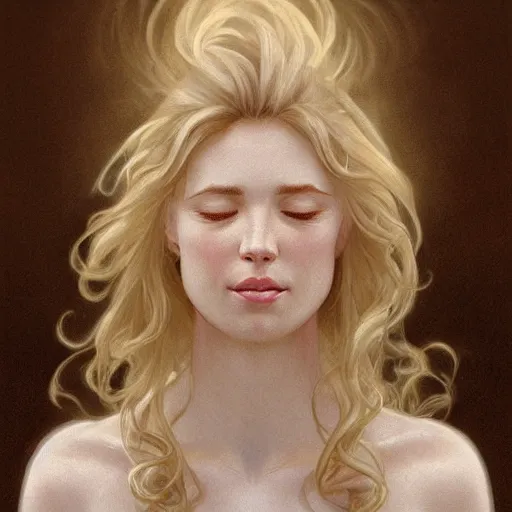 Image similar to A pregnant blond woman with closed eyes smiling, very detailed sharp angular masculine face, hooked nose and square jaw long fluffy curly blond hair, (12x) extremely pale white skin, light blond hair, gorgeous, beautiful, intricate, highly detailed, digital painting, artstation, concept art, sharp focus, illustration, art by greg rutkowski and alphonse mucha