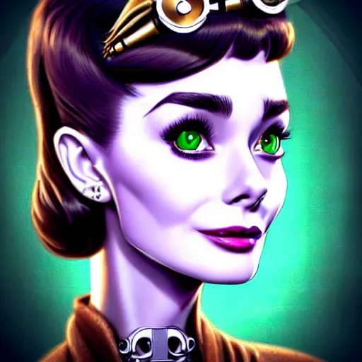 Image similar to in the style of diego fazio, artgerm, beautiful audrey hepburn, steampunk, elegant pose, middle shot, spooky, symmetrical face symmetrical eyes, three point lighting, detailed realistic eyes, short neck, purple and green top clothing, insanely detailed and intricate elegant