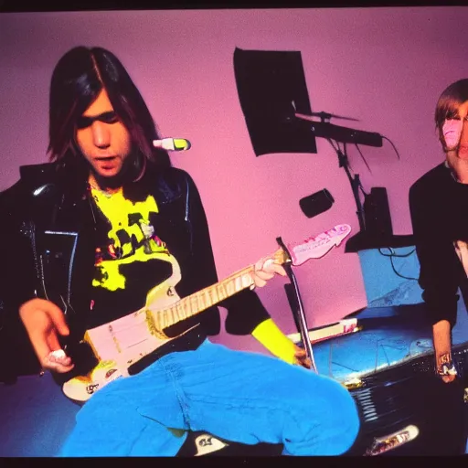 Prompt: professional photo of Nirvana rehearsing with pop art Justin Bieber portrait on the wall, highly detailed, 8k, polaroid