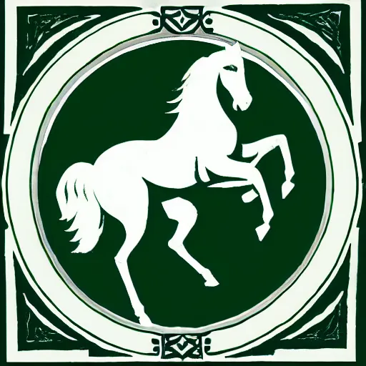 Prompt: a logo of the white horse of uffington, two tone print, green and white