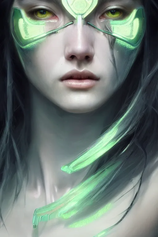 Prompt: ultra detailed beautiful nordic cyborg, black long hair, green eyes, implants in her face, sharp bone structure, extremely detailed digital painting, in the style of fenghua zhong and ruan jia and jeremy lipking and peter mohrbacher, mystical colors, rim light, beautiful lighting, 8 k, stunning scene, raytracing, octane, trending on artstation