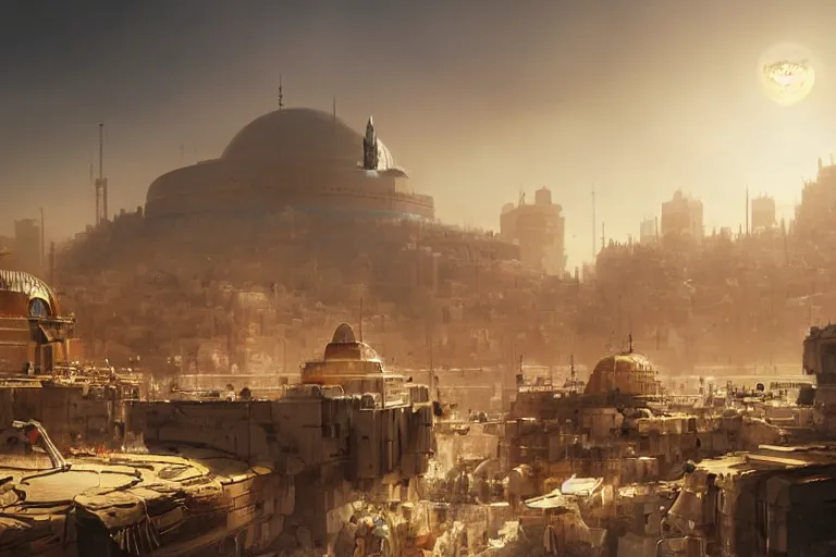 Image similar to futuristic oriental robotic jerusalem city, matte painting, long shot, concept art, wide shot, digital art, trending on artstation, 4 k, extremely detailed, realistic, midday, warm colors, golden sunlight, by greg rutkowski, cinematic, epic