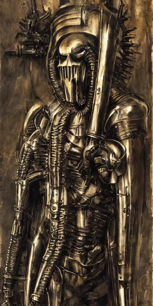 Image similar to a sinister loose brushwork photograph of a dieselpunk knight by h. r giger in the style of renaissance art, 8 k