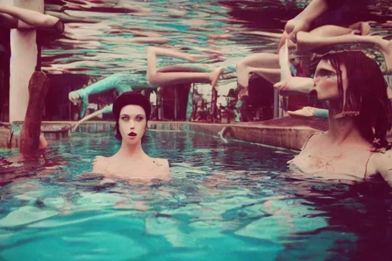 Image similar to 35mm color lomography, last photo, portrait, fashion shoot, weird, random, strange, spooky, hyperdetailed, photorealistic, high fashion, interesting, swimming pool, by weedgee