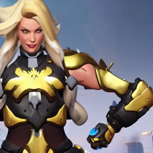 Image similar to a screenshot of arnold schwarzenegger as mercy in overwatch, full body shot