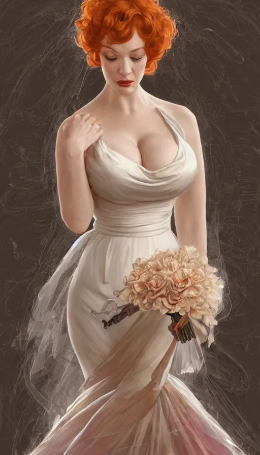 Image similar to Angel, perfectly-centered-painting of young Christina Hendricks in Mad Men in a bride dress, sweaty, dynamic action pose, insane, intricate, highly detailed, digital painting, artstation, concept art, smooth, sharp focus, illustration, Unreal Engine 5, 8K, art by artgerm and greg rutkowski and alphonse mucha