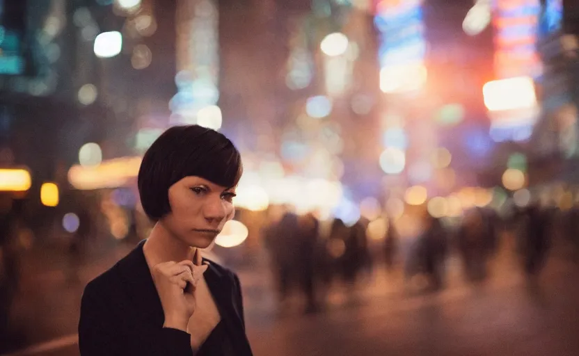 Image similar to a wide shot of a woman with a wool suit, short hair, blurred face, wearing an omega speedmaster on her wrist in front of a crowded dystopian city at night with cyberpunk lights