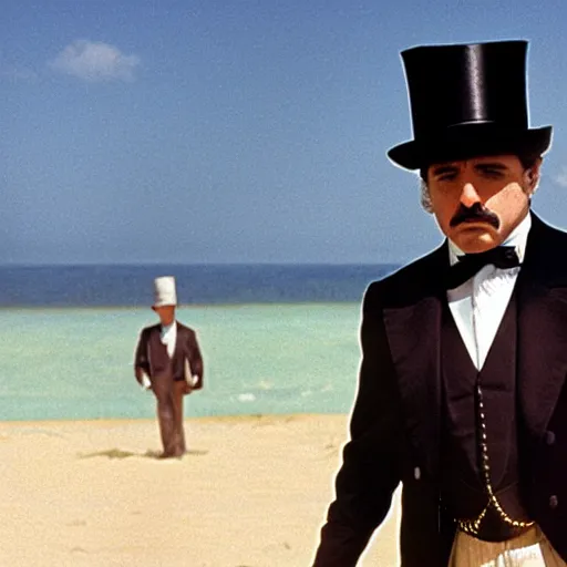 Prompt: the godfather wears a top hat. 5 0 mm, cinematic, technicolor. sea and beach and a man in the background