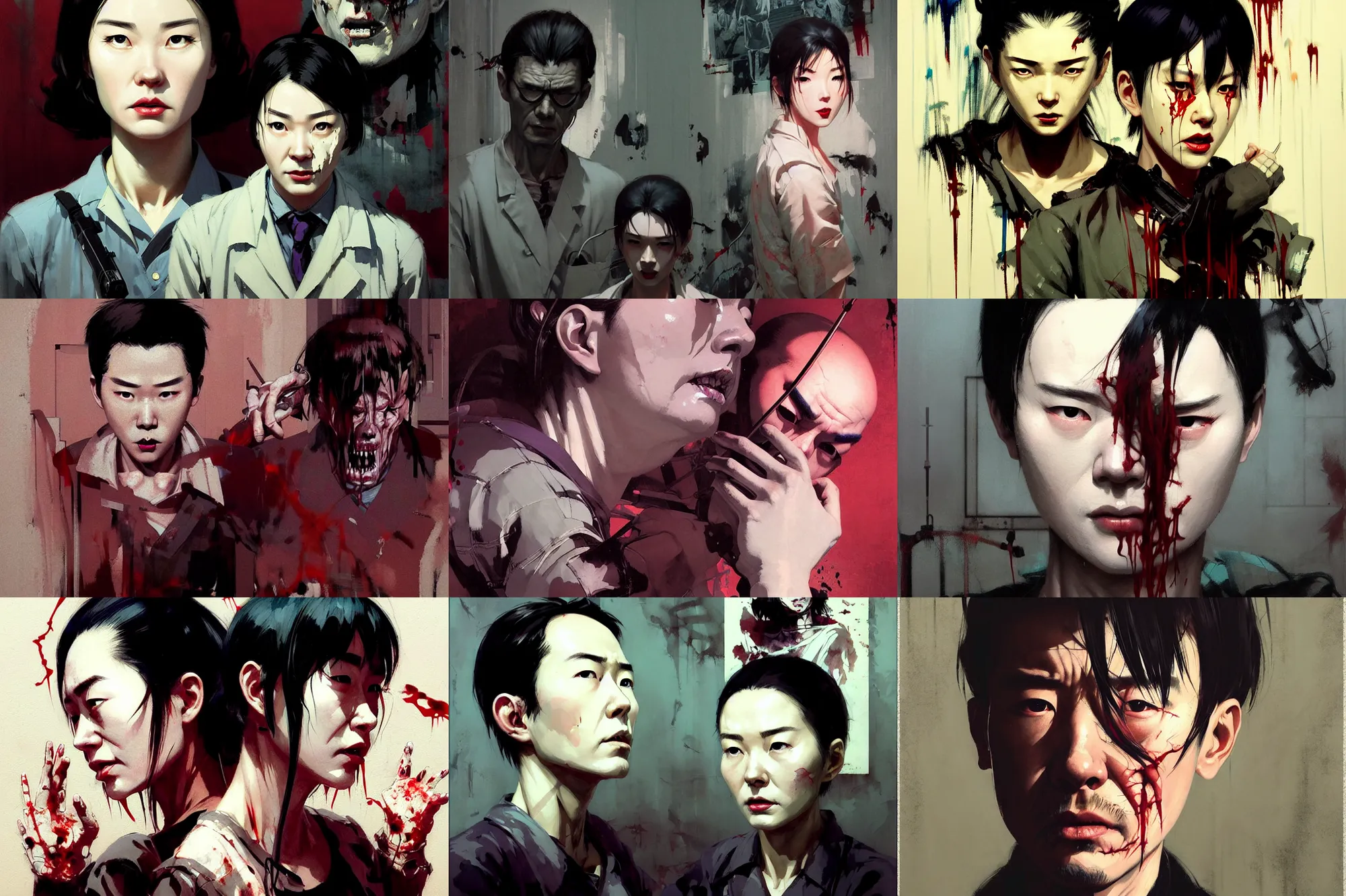 Prompt: hyper - realistic portrait of serial killer in haunted 1 9 5 0 hospital, extreme detail, in style of pan ren wei, ilya kuvshinov, yoji shinkawa, atey ghailan, krenz cushart, by greg rutkowski, by greg tocchini, by james gilleard, by joe fenton, by kaethe butcher, grunge aesthetic