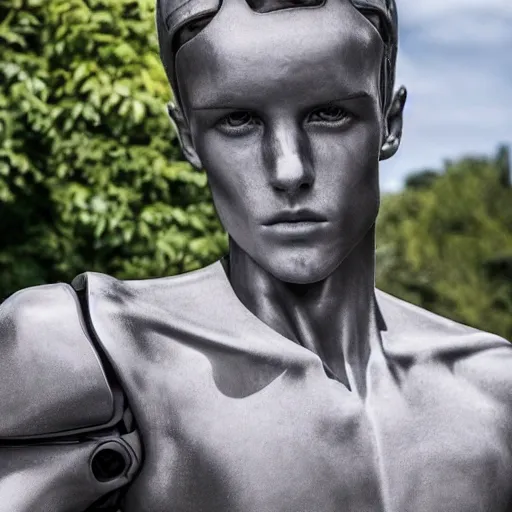 Image similar to a realistic detailed photo of a guy who is an attractive humanoid who is half robot and half humanoid, who is a male android, soccer player martin ødegaard, shiny skin, posing like a statue, blank stare, by the pool, on display, showing off his muscles, humanoid robot, frozen ice statue