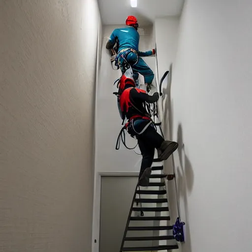 Image similar to A climbing expedition climbing the stairs of a regular apartment building. They are using ropes, pickaxes and other professional climbing gear in order to climb the stairs. Photograph, f/8, room lighting, indoor