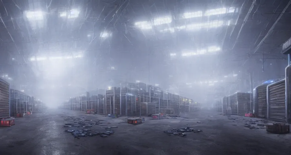 Image similar to illustration of rows of cryopods in a cold warehouse, refrigerated storage facility, rolling fog, greg rutkowski, cyberpunk, dramatic lighting, unreal engine 5, colorful