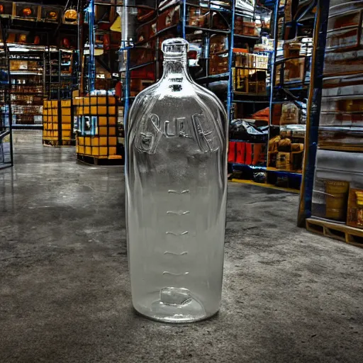 Prompt: an award - winning photo of a translucent glass vodka bottle in the shape of a propane cylinder in a grungy warehouse, dramatic lighting, sigma 2 4 mm, wide angle lens, ƒ / 8, flickr