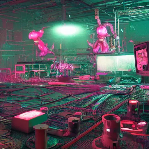 Image similar to epic scene of a large neon mechanical toad is being built by a team of people in a very creepy and dark warehouse, heaps of colored computer screens, glowing cables, dust, smoke, intricate details, ultra - realistic, 8 k, octane render, hyper realism